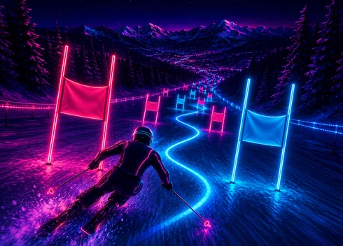 Neon Slalom skiing game with glowing red and blue gates